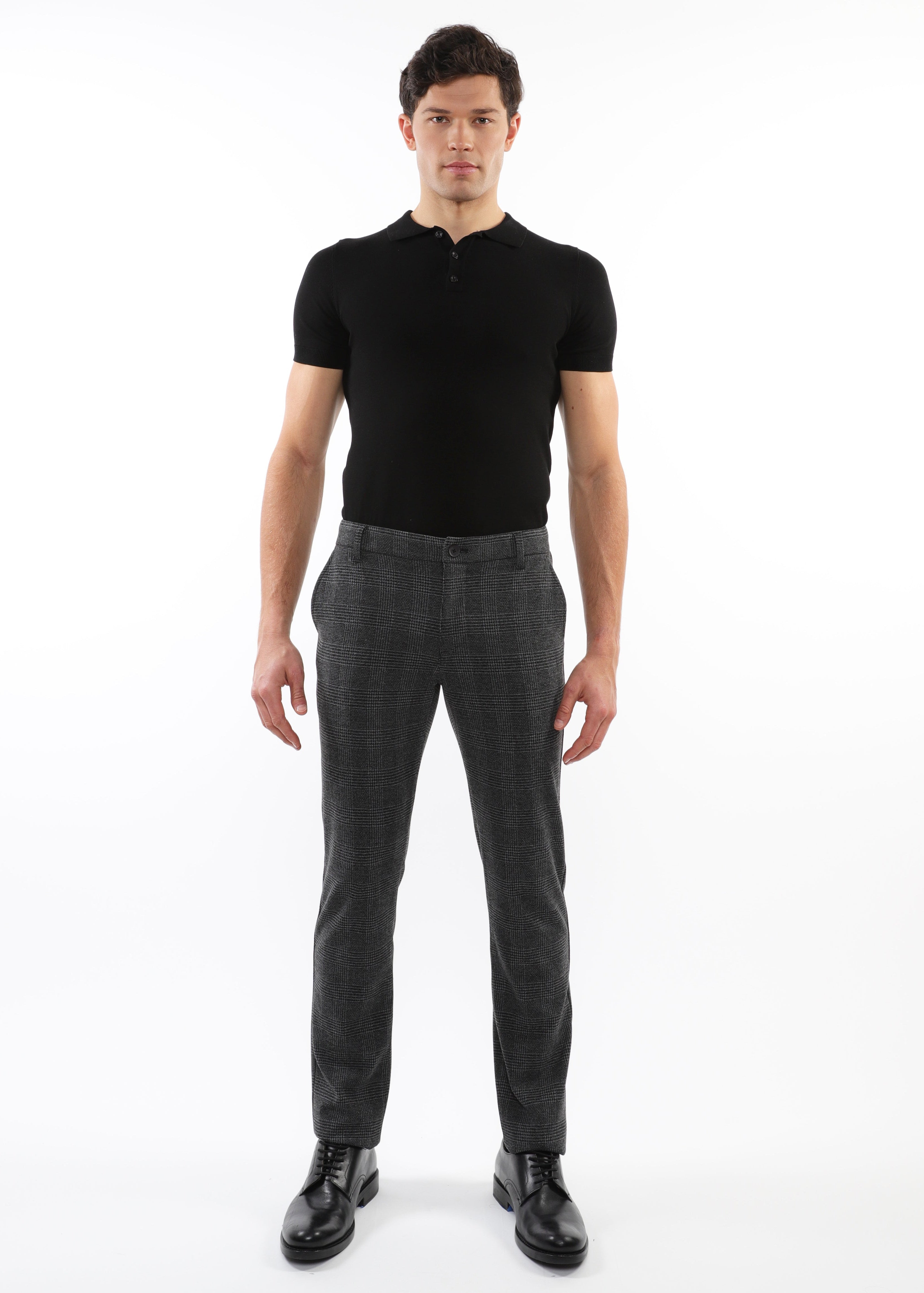 CHARCOAL GLEN PLAID WOOL-LOOK STRETCH KNIT TAILORED PANTS PM-3303-62