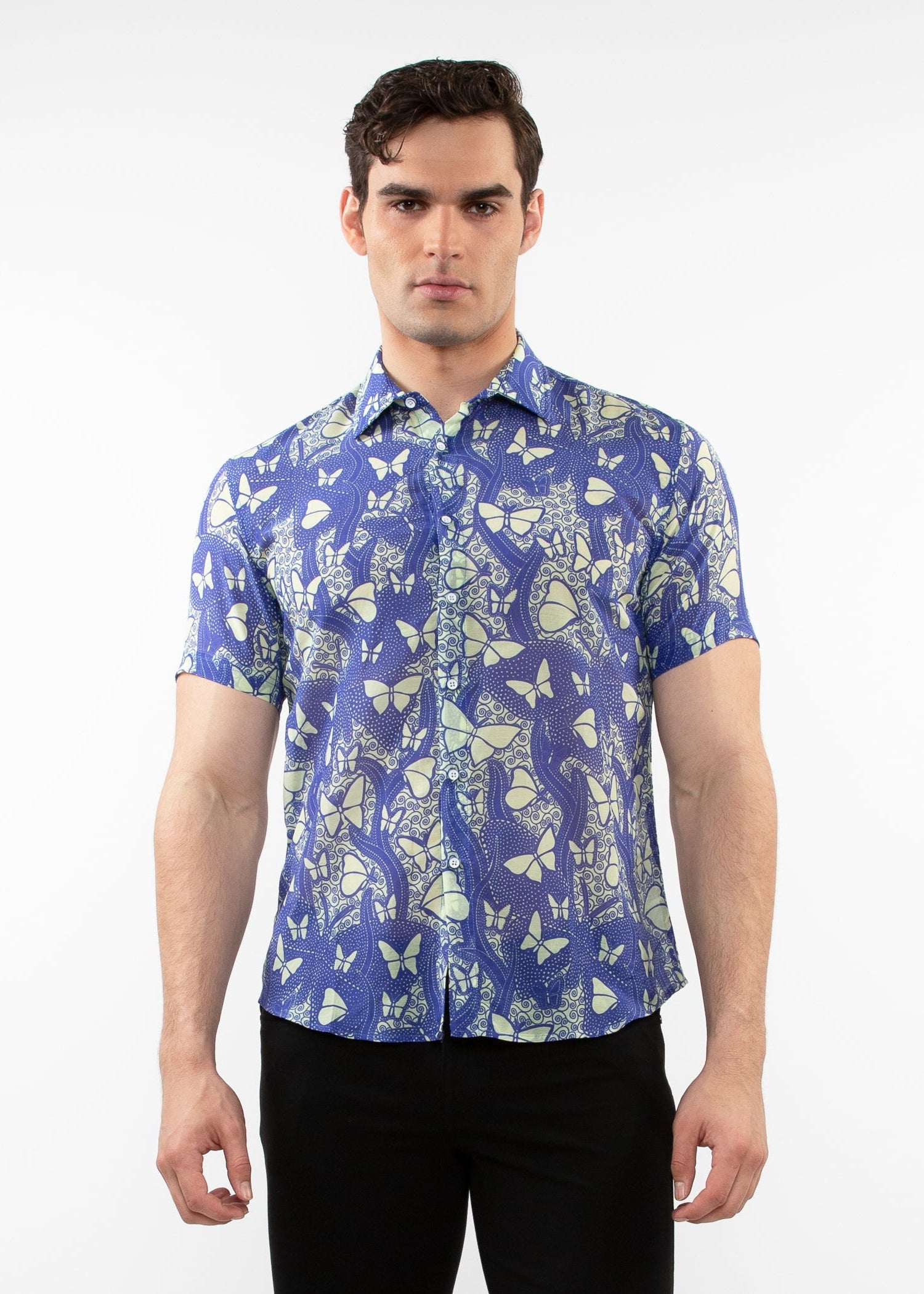 CHINA BLUE BUTTERFLIES PRINTED LIGHTWEIGHT COTTON SILK SHORT SLEEVES WOVEN SHIRT PM-46035