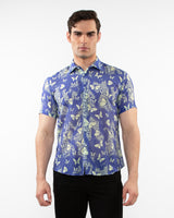 CHINA BLUE BUTTERFLIES PRINTED LIGHTWEIGHT COTTON SILK SHORT SLEEVES WOVEN SHIRT PM-46035