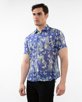 CHINA BLUE BUTTERFLIES PRINTED LIGHTWEIGHT COTTON SILK SHORT SLEEVES WOVEN SHIRT PM-46035