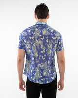 CHINA BLUE BUTTERFLIES PRINTED LIGHTWEIGHT COTTON SILK SHORT SLEEVES WOVEN SHIRT PM-46035
