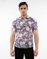 SLATE/FUCHSIA FLORAL PRINTED LIGHTWEIGHT COTTON SILK SHORT SLEEVES WOVEN SHIRT PM-46036