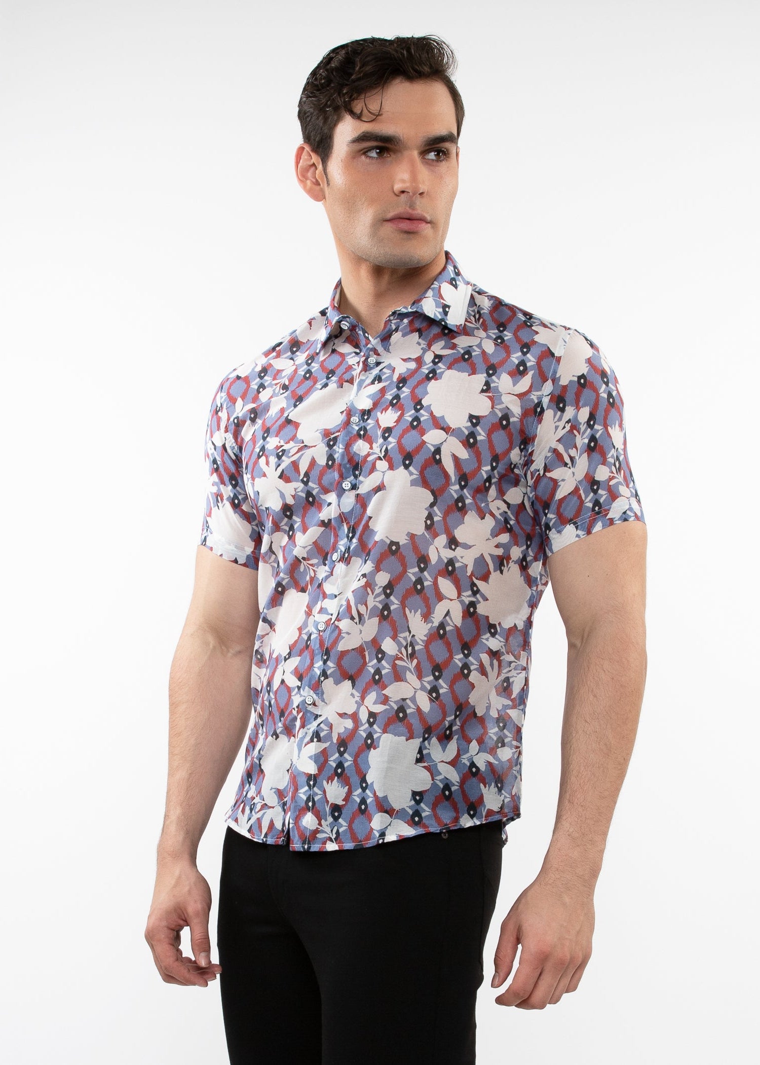 SLATE/FUCHSIA FLORAL PRINTED LIGHTWEIGHT COTTON SILK SHORT SLEEVES WOVEN SHIRT PM-46036