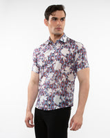 SLATE/FUCHSIA FLORAL PRINTED LIGHTWEIGHT COTTON SILK SHORT SLEEVES WOVEN SHIRT PM-46036