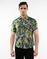 FOREST/SLATE LEAVES PRINTED LIGHTWEIGHT COTTON SILK SHORT SLEEVES WOVEN SHIRT PM-46037