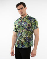 FOREST/SLATE LEAVES PRINTED LIGHTWEIGHT COTTON SILK SHORT SLEEVES WOVEN SHIRT PM-46037