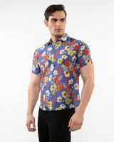 PURPLE/SPICE FLORAL PRINTED LIGHTWEIGHT COTTON SILK SHORT SLEEVES WOVEN SHIRT PM-46038