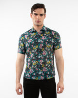 NAVY/TEAL FLORAL PRINTED LIGHTWEIGHT COTTON SILK SHORT SLEEVES WOVEN SHIRT PM-46039