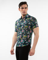 NAVY/TEAL FLORAL PRINTED LIGHTWEIGHT COTTON SILK SHORT SLEEVES WOVEN SHIRT PM-46039