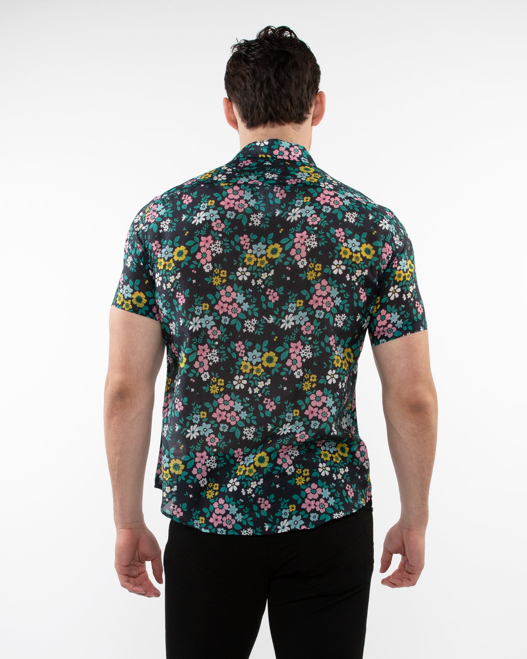 NAVY/TEAL FLORAL PRINTED LIGHTWEIGHT COTTON SILK SHORT SLEEVES WOVEN SHIRT PM-46039