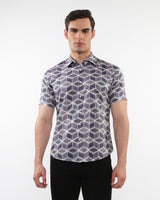 PURPLE/PERIWINKLE CUBES PRINTED LIGHTWEIGHT COTTON TENCEL SHORT SLEEVES SHIRT PM-47046