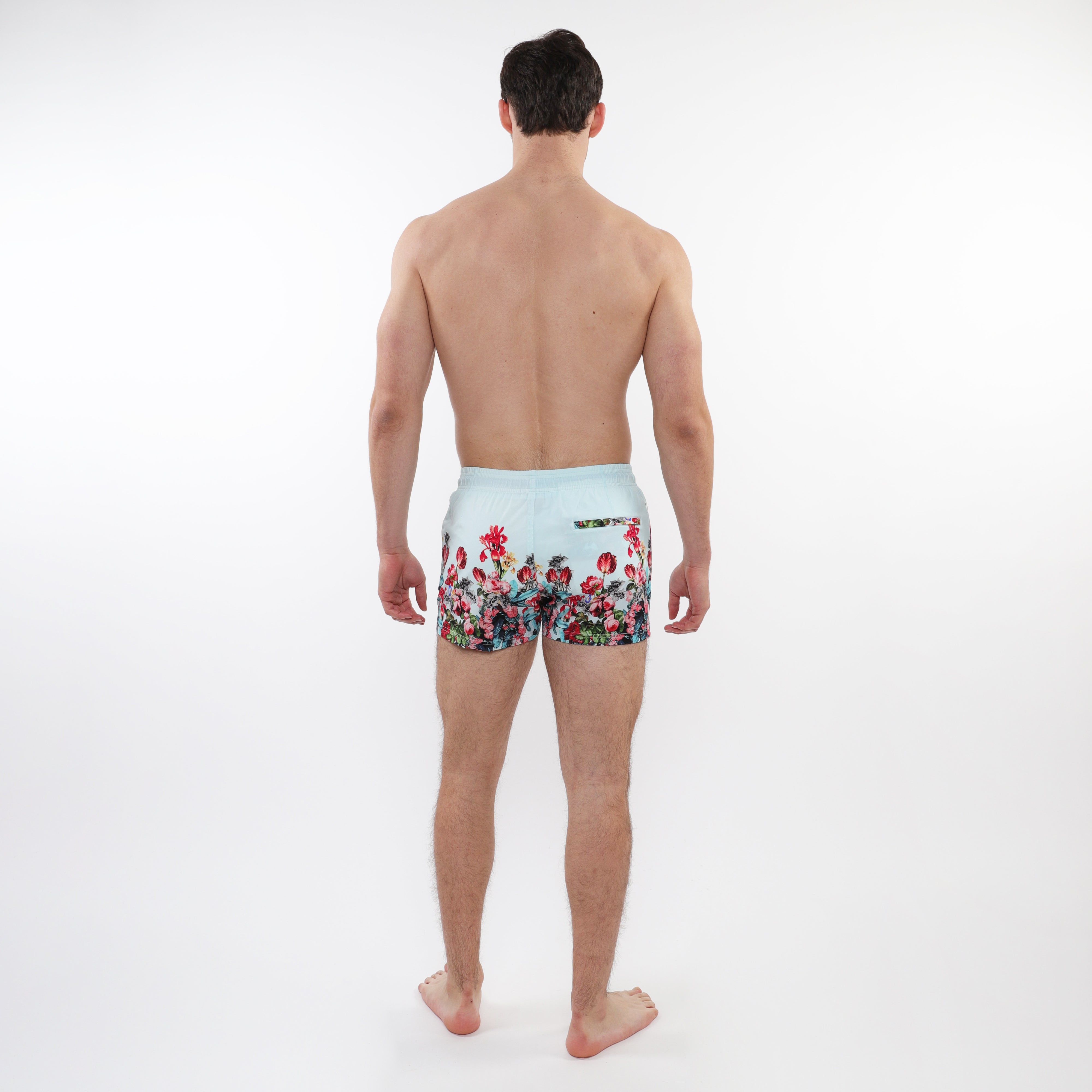 MINT/MULTI FLORAL 2-1/2" INSEAM PRINTED BORDER SWIM SHORTS WITH MESH LINING PM-6002-45