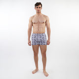 PURPLE/PERIWINKLE CUBES PRINTED SEERSUCKER SWIM SHORTS WITH MESH LINING