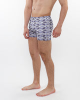 PURPLE/PERIWINKLE CUBES PRINTED SEERSUCKER SWIM SHORTS WITH MESH LINING