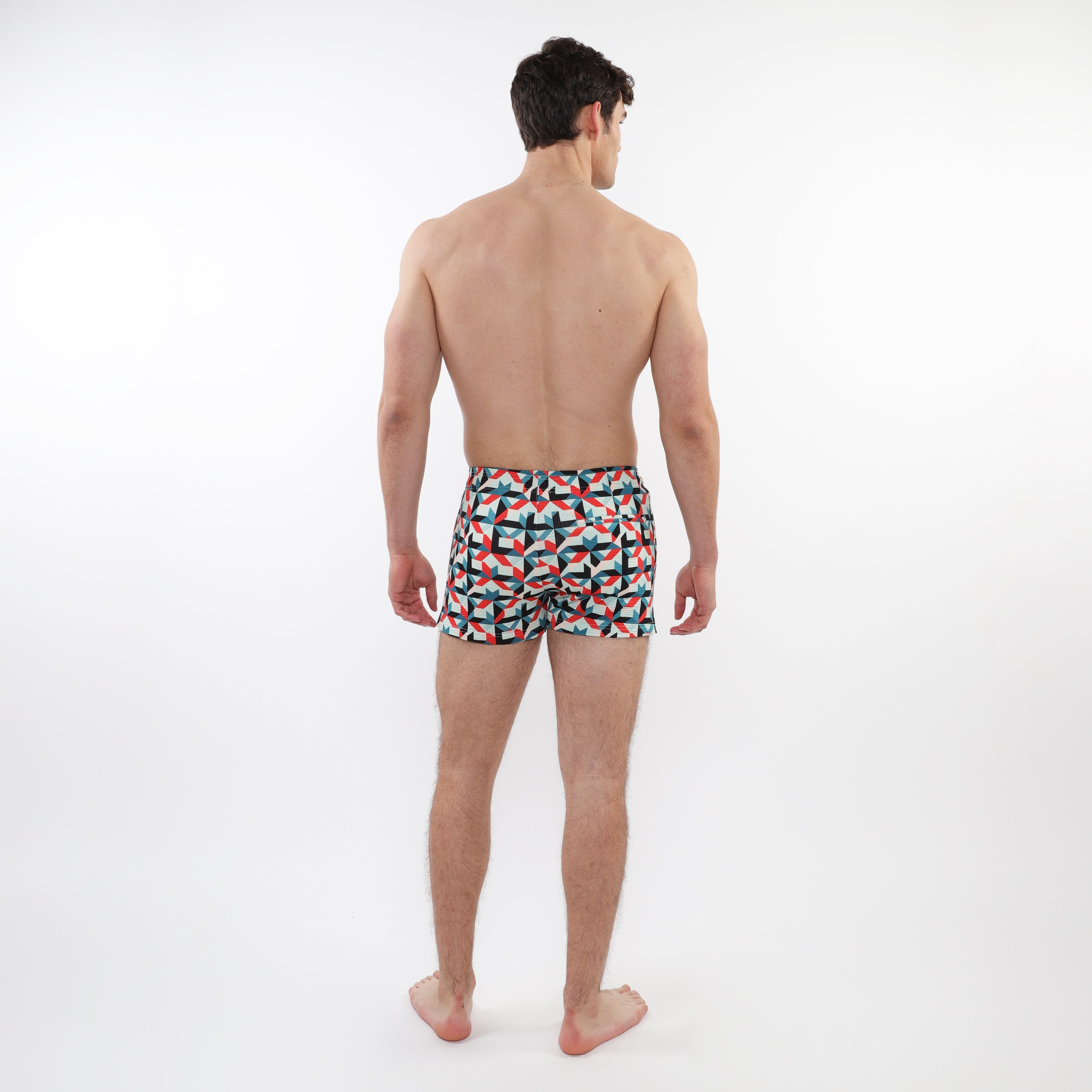 MINT/ TURQUOISE 3D SQUARES PRINTED SEERSUCKER SWIM SHORTS WITH MESH LINING PM-6018-43
