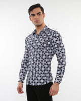 MIDNIGHT/SLATE CIRCLE SPRINTED STRETCH PERFORMANCE LONG SLEEVE SHIRT W/ PLACKET DETAIL PM-76085