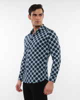 ALOE/PEACOCK SQUARES PRINTED STRETCH PERFORMANCE LONG SLEEVE SHIRT W/ PLACKET DETAIL PM-76086