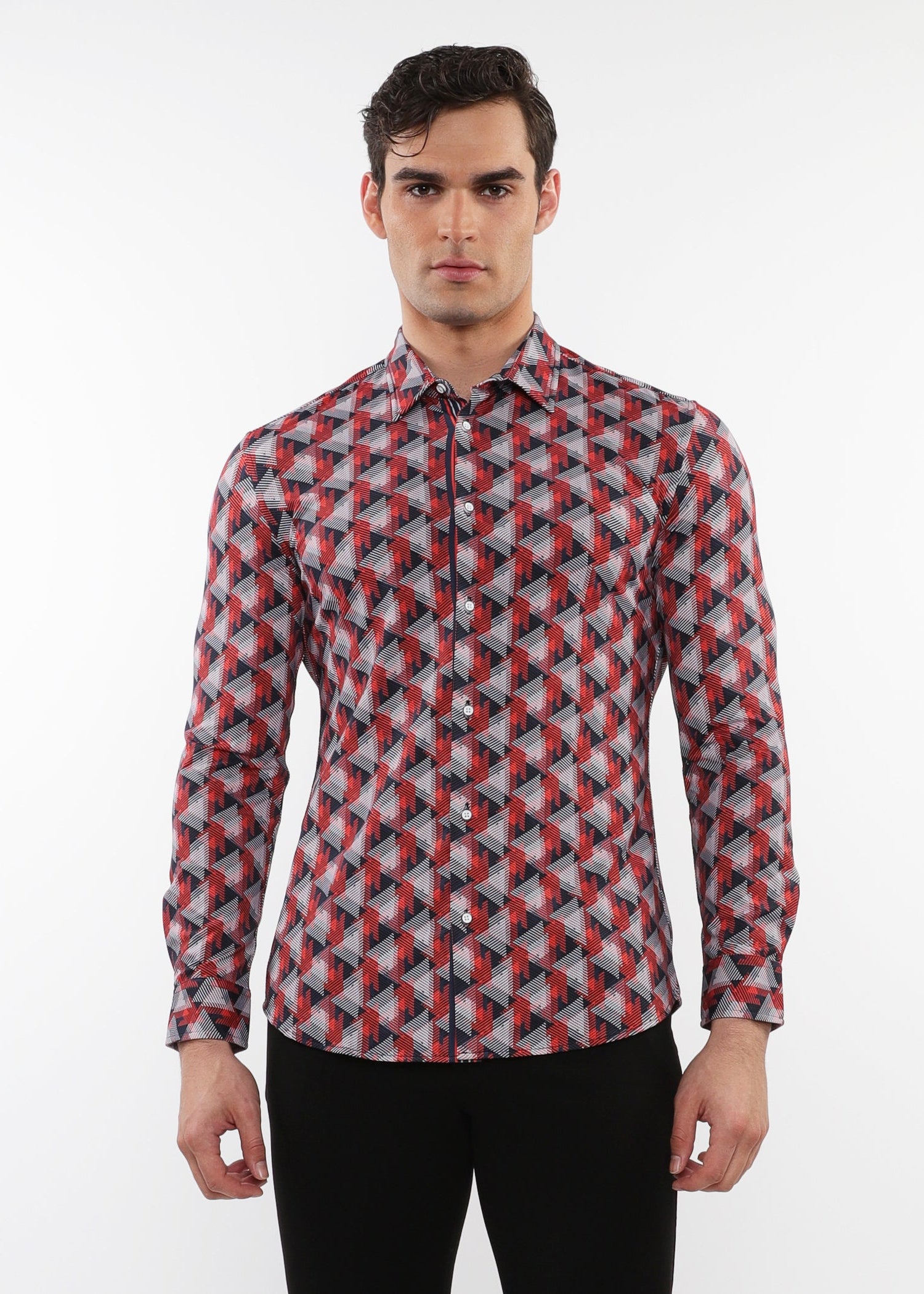 NAVY/RED TRIANGLES PRINTED STRETCH PERFORMANCE LONG SLEEVE SHIRT W/ PLACKET DETAIL PM-76087