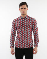 NAVY/RED TRIANGLES PRINTED STRETCH PERFORMANCE LONG SLEEVE SHIRT W/ PLACKET DETAIL PM-76087