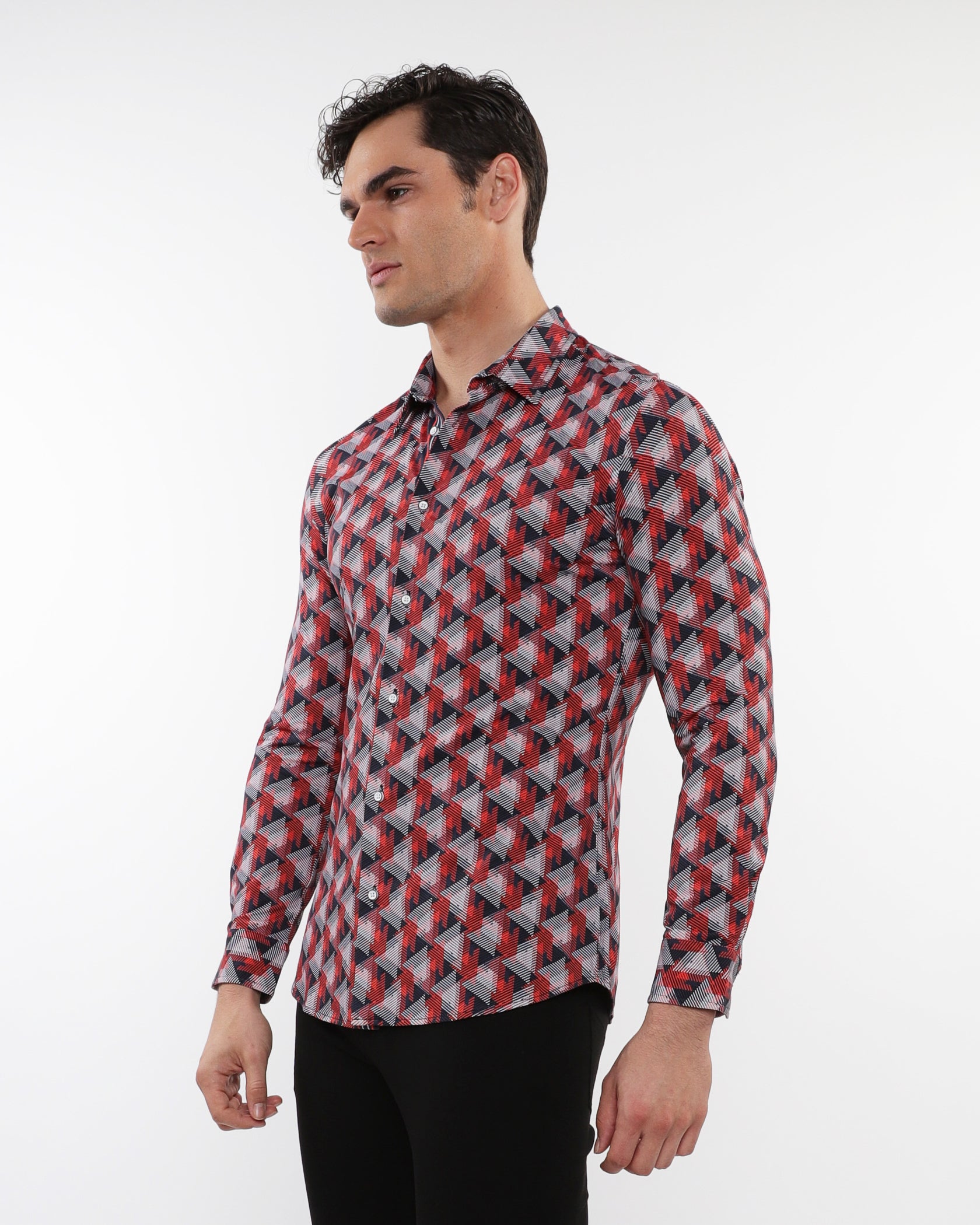 NAVY/RED TRIANGLES PRINTED STRETCH PERFORMANCE LONG SLEEVE SHIRT W/ PLACKET DETAIL PM-76087