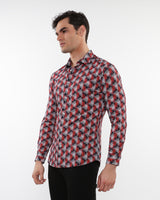 NAVY/RED TRIANGLES PRINTED STRETCH PERFORMANCE LONG SLEEVE SHIRT W/ PLACKET DETAIL PM-76087