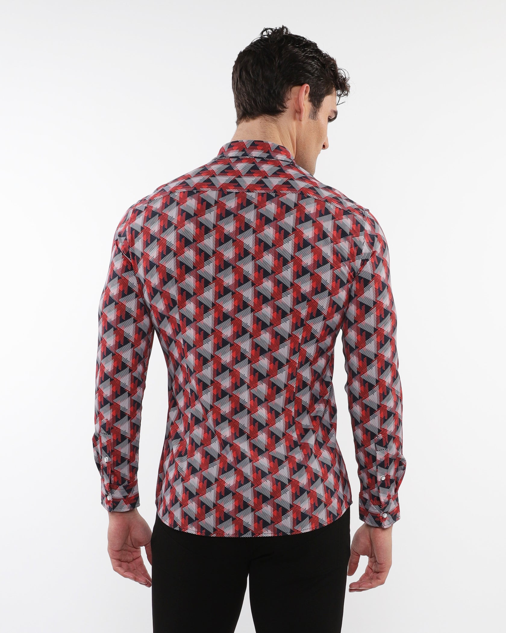 NAVY/RED TRIANGLES PRINTED STRETCH PERFORMANCE LONG SLEEVE SHIRT W/ PLACKET DETAIL PM-76087