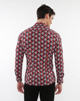 NAVY/RED TRIANGLES PRINTED STRETCH PERFORMANCE LONG SLEEVE SHIRT W/ PLACKET DETAIL PM-76087