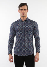 MIDNIGHT/JADE LEAVES PRINTED STRETCH PERFORMANCE LONG SLEEVE SHIRT W/ PLACKET DETAIL PM-76089