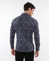 MIDNIGHT/JADE LEAVES PRINTED STRETCH PERFORMANCE LONG SLEEVE SHIRT W/ PLACKET DETAIL PM-76089