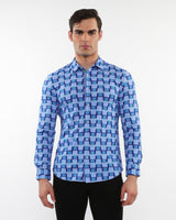 SKY/COBALT WAVES PRINTED STRETCH PERFORMANCE LONG SLEEVE SHIRT W/ PLACKET DETAIL PM-76090