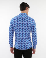 SKY/COBALT WAVES PRINTED STRETCH PERFORMANCE LONG SLEEVE SHIRT W/ PLACKET DETAIL PM-76090