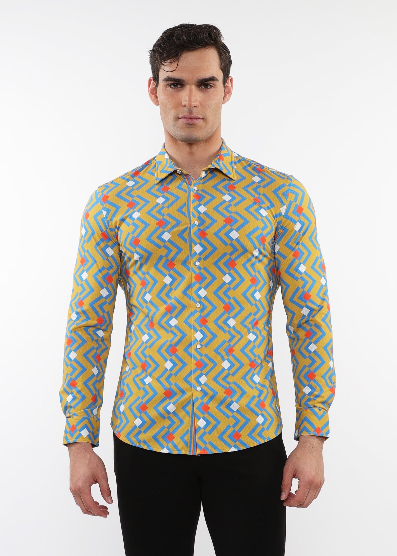 OCHRE/AZURE ARROWS PRINTED STRETCH PERFORMANCE LONG SLEEVE SHIRT W/ PLACKET DETAIL PM-76091