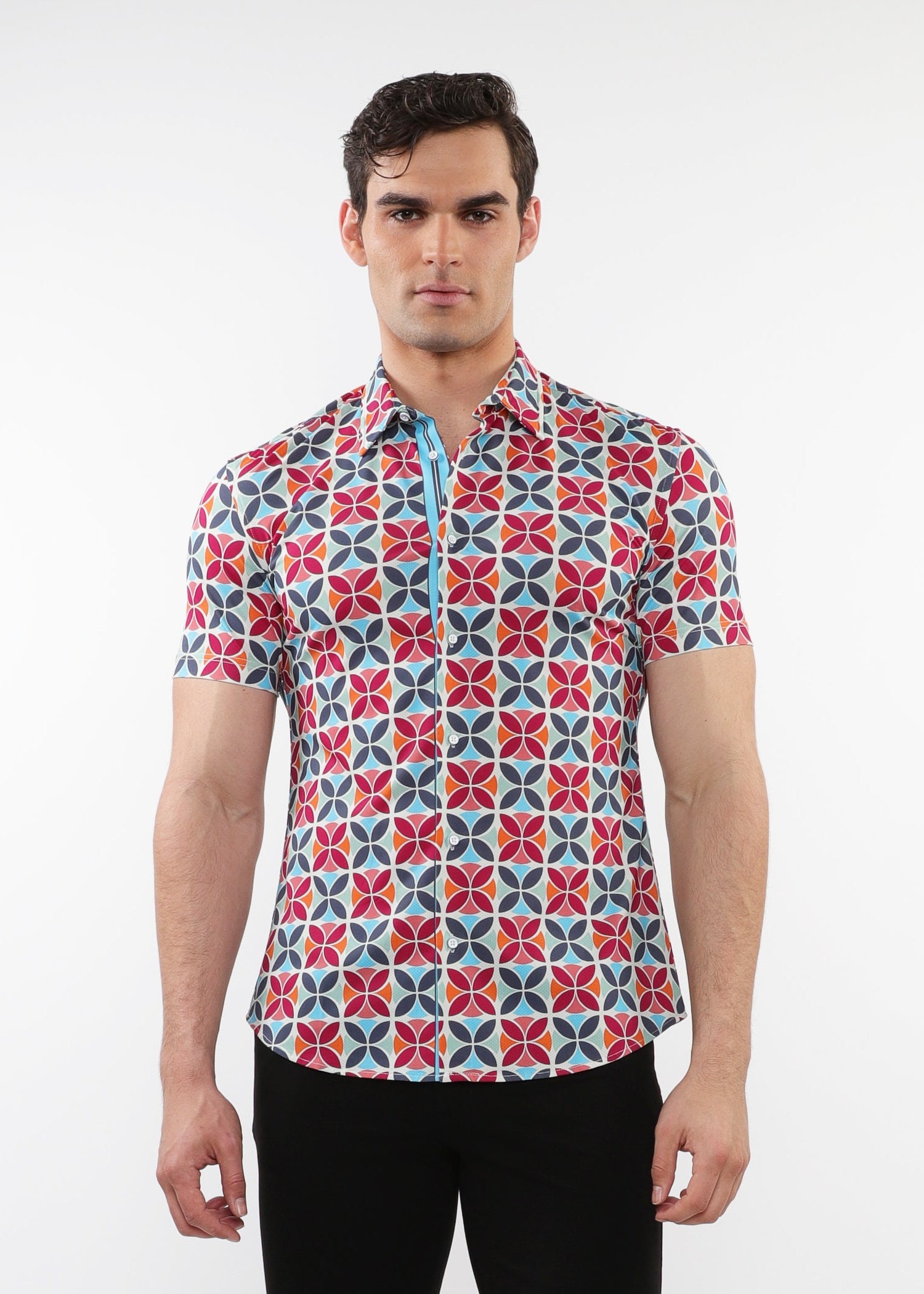 FOREST/WINE CIRCLES PRINTED PERFORMANCE SHORT SLEEVES SHIRT WITH CONTRAST PLACKET DETAIL PM-76093