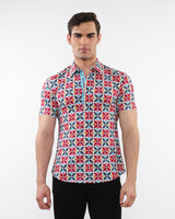 FOREST/WINE CIRCLES PRINTED PERFORMANCE SHORT SLEEVES SHIRT WITH CONTRAST PLACKET DETAIL PM-76093