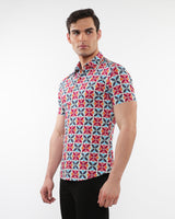 FOREST/WINE CIRCLES PRINTED PERFORMANCE SHORT SLEEVES SHIRT WITH CONTRAST PLACKET DETAIL PM-76093