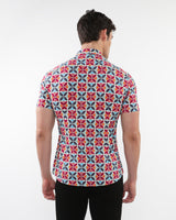 FOREST/WINE CIRCLES PRINTED PERFORMANCE SHORT SLEEVES SHIRT WITH CONTRAST PLACKET DETAIL PM-76093