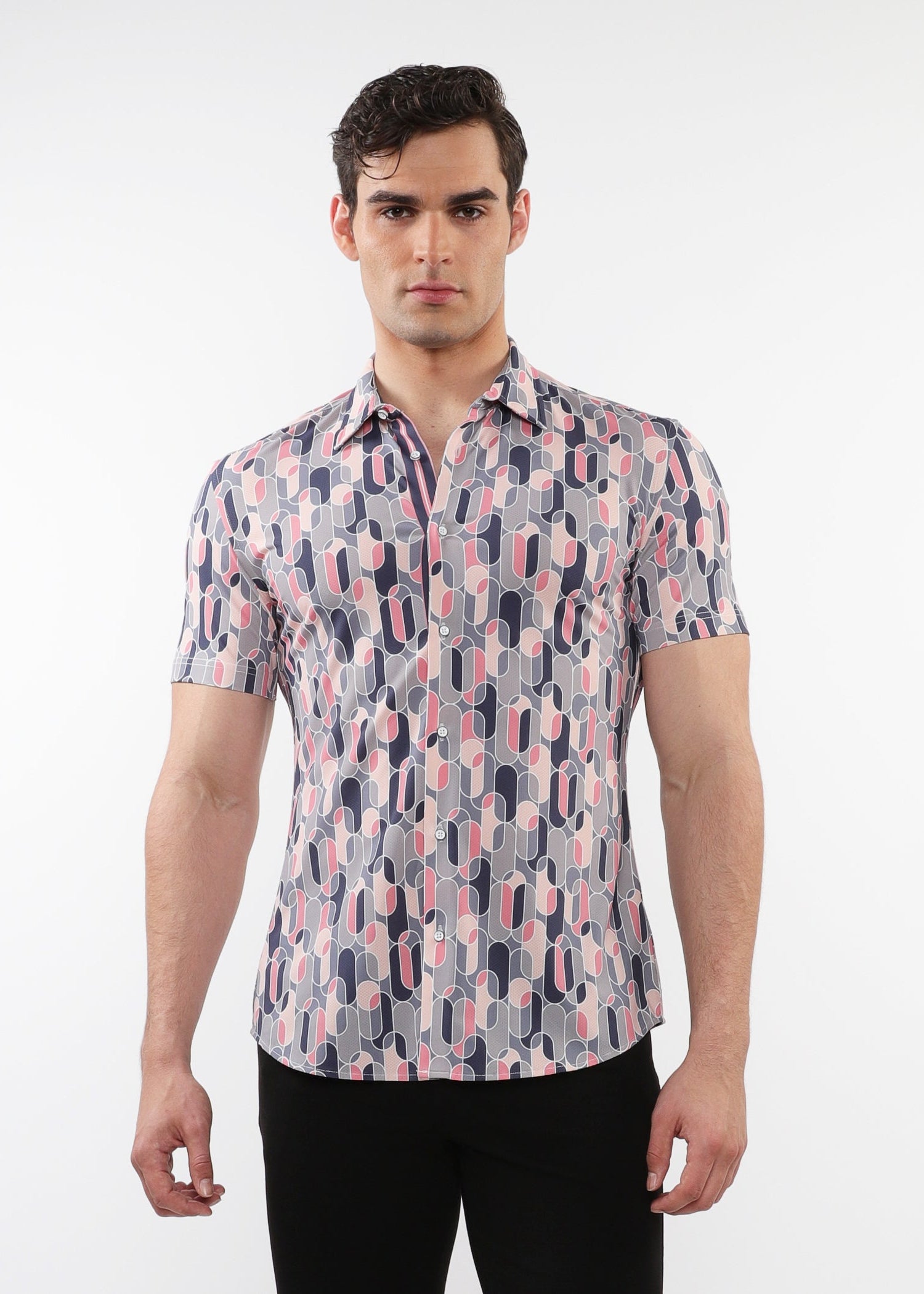 BLUSH/GREY SWIRLS PRINTED PERFORMANCE SHORT SLEEVES SHIRT WITH CONTRAST PLACKET DETAIL PM-76094