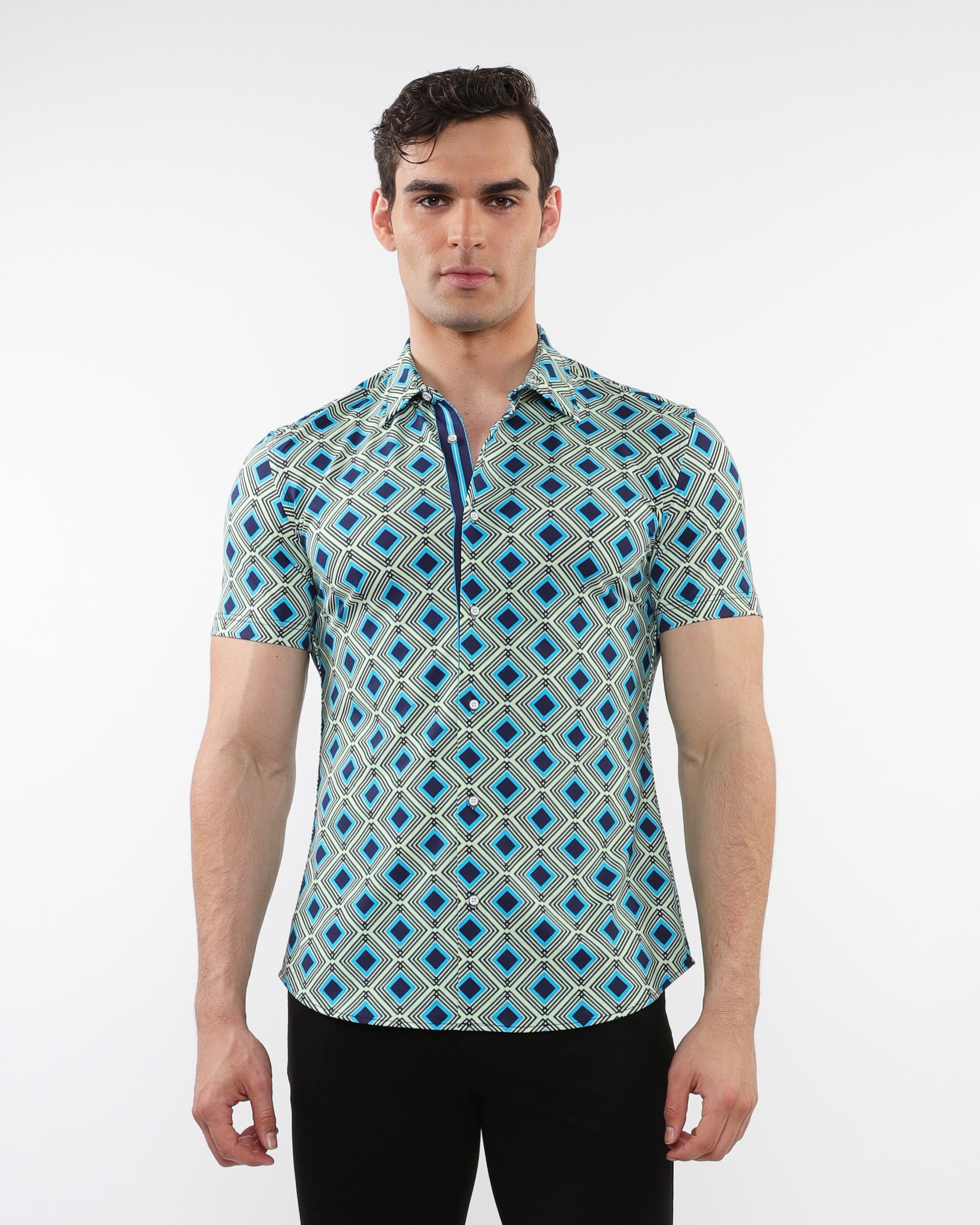 【CPGN STUDIO】washing line embroidery short sleeve AQUA/NAVY DIAMONDS PRINTED PERFORMANCE SHORT SLEEVES SHIRT