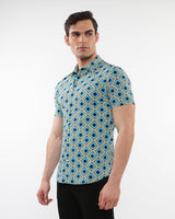 AQUA/NAVY DIAMONDS PRINTED PERFORMANCE SHORT SLEEVES SHIRT WITH CONTRAST PLACKET DETAIL PM-76095