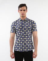NAVY/SAGE CIRCLES PRINTED PERFORMANCE SHORT SLEEVES SHIRT WITH CONTRAST PLACKET DETAIL PM-76096