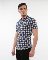 NAVY/SAGE CIRCLES PRINTED PERFORMANCE SHORT SLEEVES SHIRT WITH CONTRAST PLACKET DETAIL PM-76096