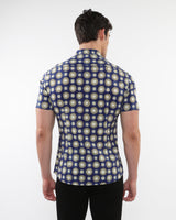 NAVY/SAGE CIRCLES PRINTED PERFORMANCE SHORT SLEEVES SHIRT WITH CONTRAST PLACKET DETAIL PM-76096