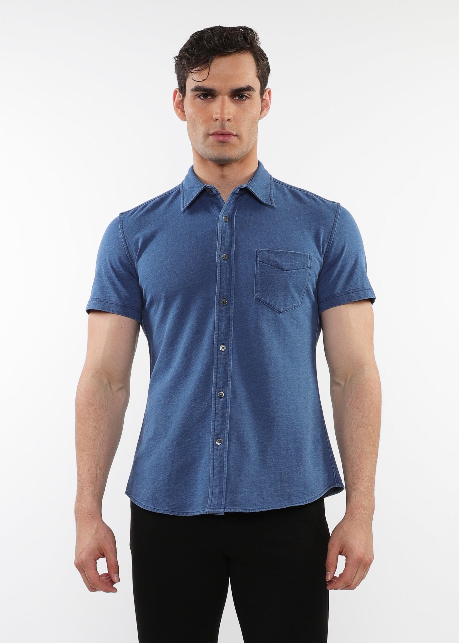 VINTAGE BLUE VINTAGE WASH STRETCH KNIT DENIM SHORT SLEEVES SHIRT PM-76178