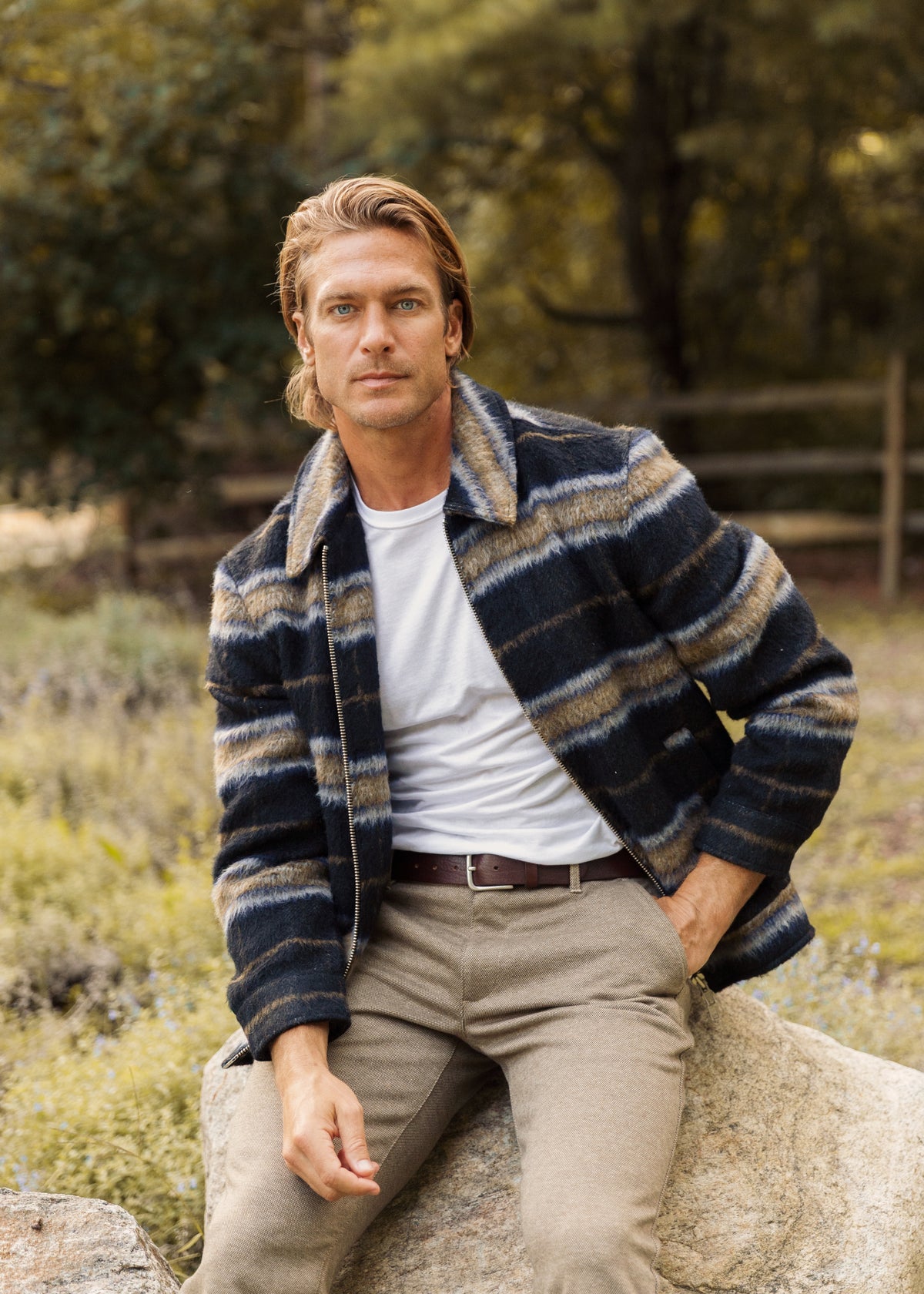 MIDNIGHT/OCHRE PLAID WOOL ZIP-UP JACKET PM-3071