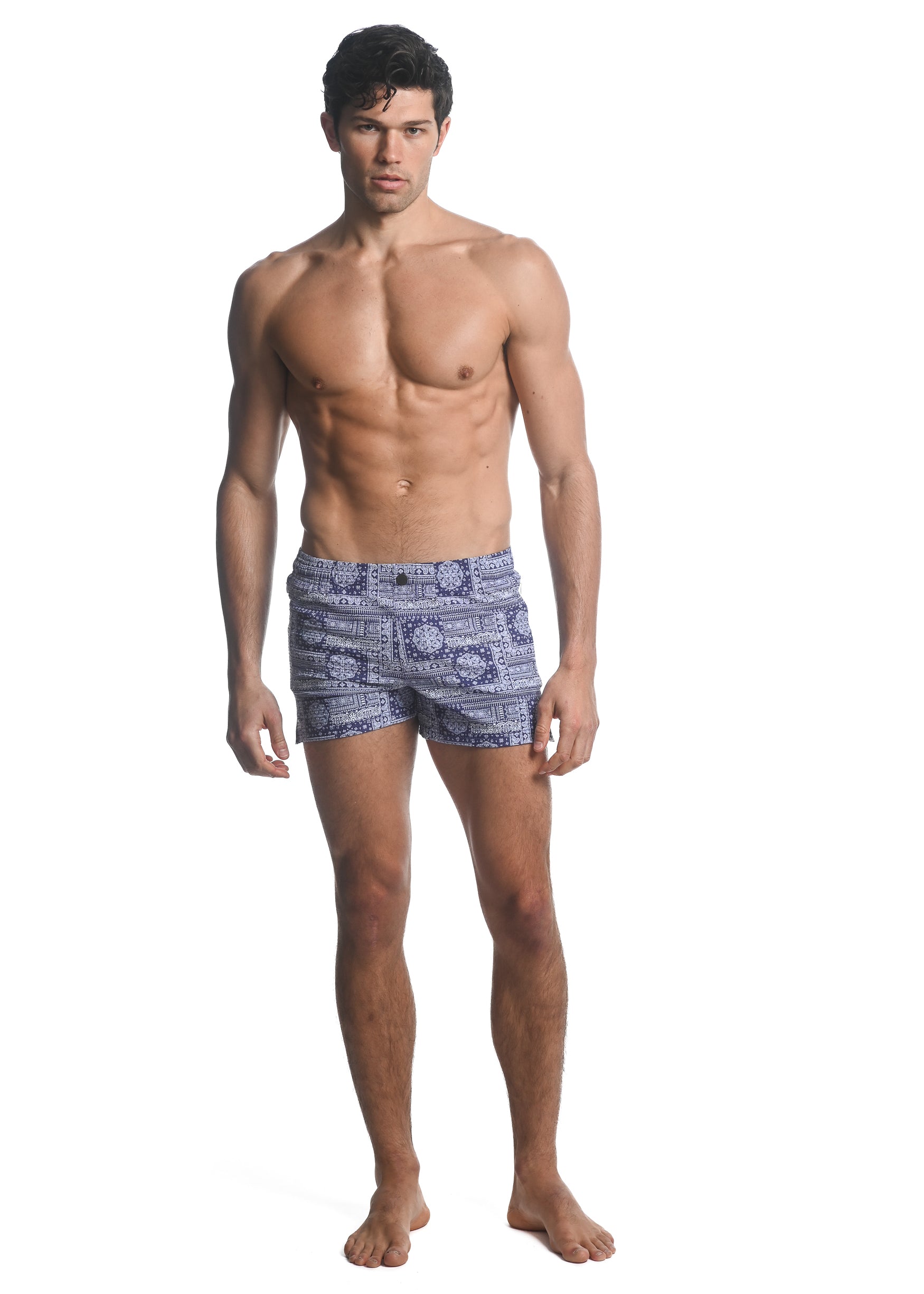 NAVY/ WHITE PATCHWORK PRINTED SWIM SHORTS W/ MESH LINING PM