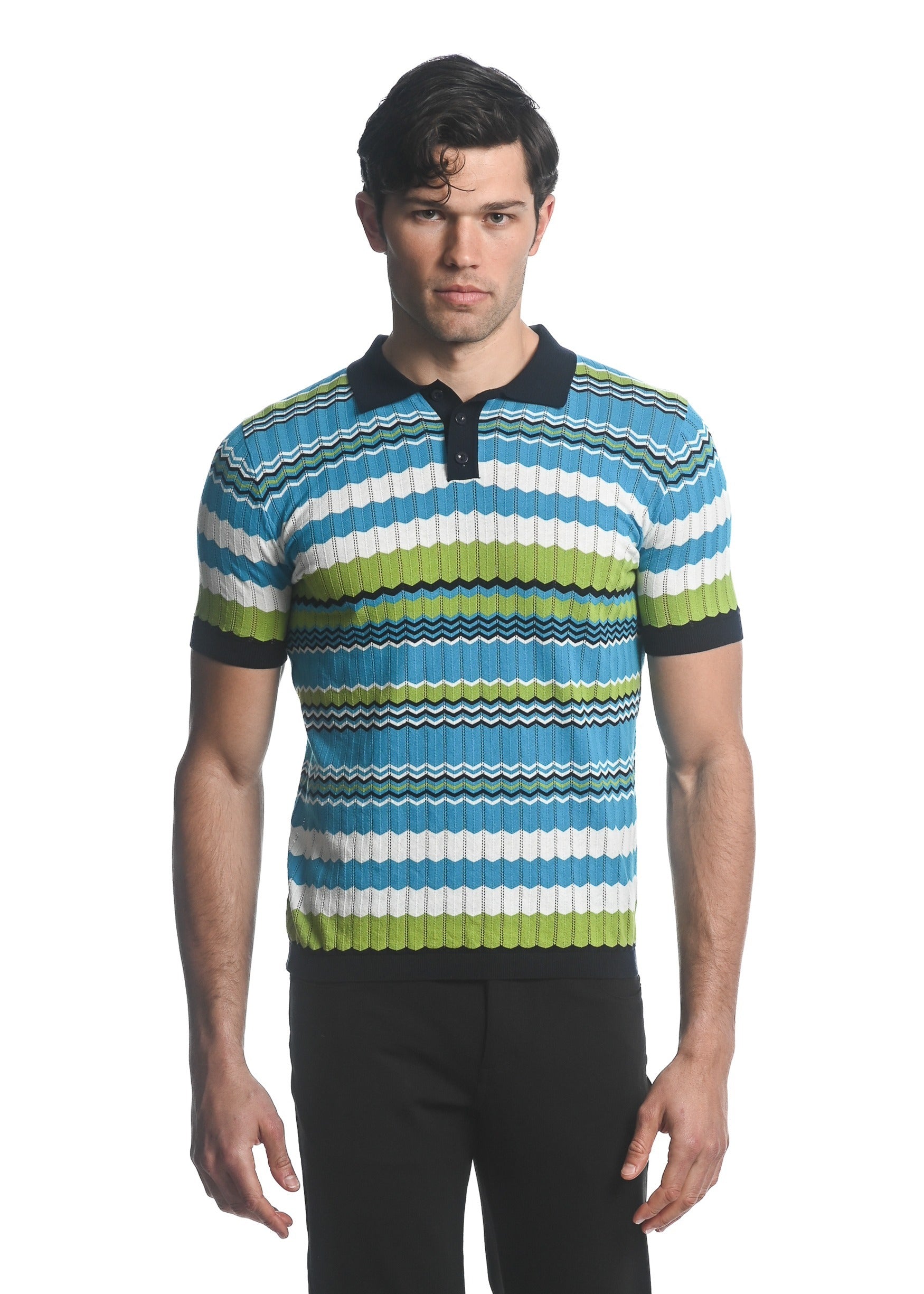 NAVY/ CITRUS/ OCEAN CHEVRON COTTON 3-BUTTON TEXTURED CHEVRON STRIPE KNIT POLO PM-16226