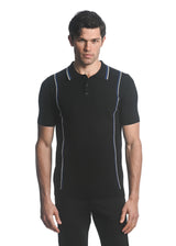 BLACK  SILK TENCEL  3-BUTTON TEXTURED KNIT POLO W/ VERTICAL STRIPES PM-16220