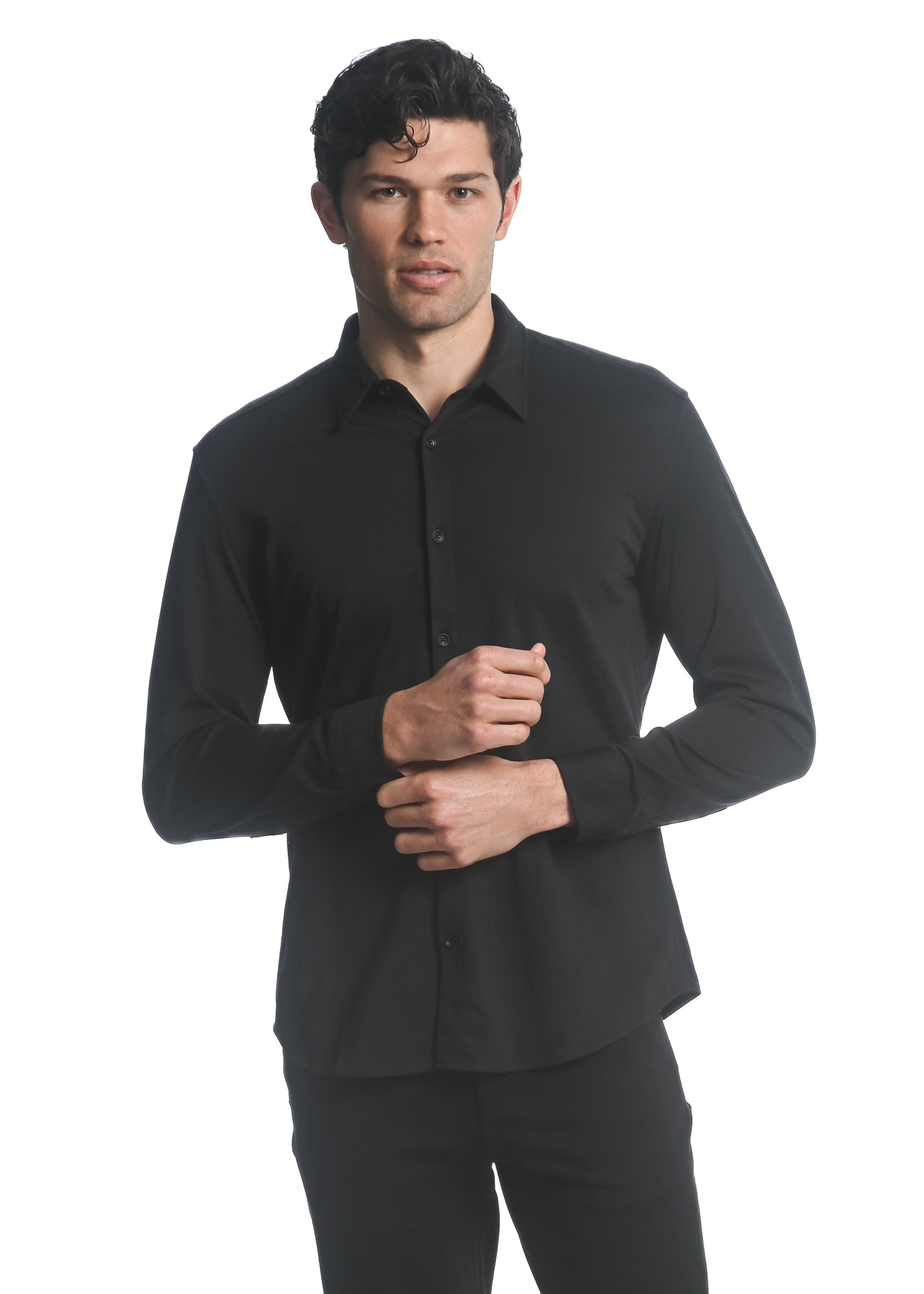 BLACK SOLID STRETCH KNIT LONG SLEEVES SHIRT PM-76106