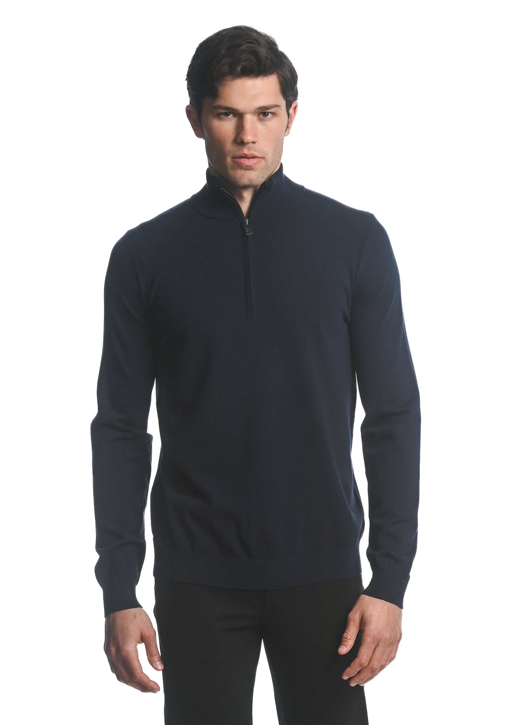 NAVY SILK TENCEL QUARTER ZIP KNITTED SWEATER PM-16222