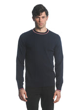 NAVY SILK TENCEL TEXTURED KNIT CREW SWEATER W/ TIPPING PM-16221